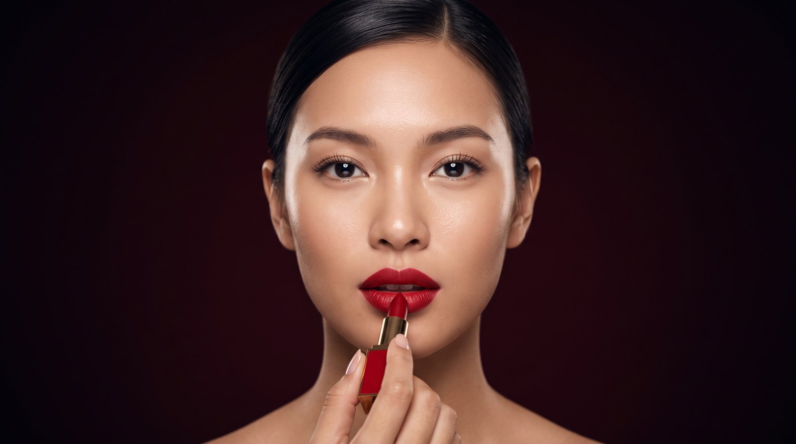 Woman Applying the Red Lipstick